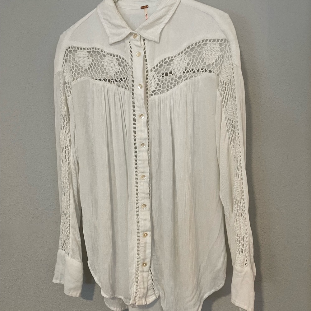 Free People White Long Sleeve Embellished Button Down Shirt